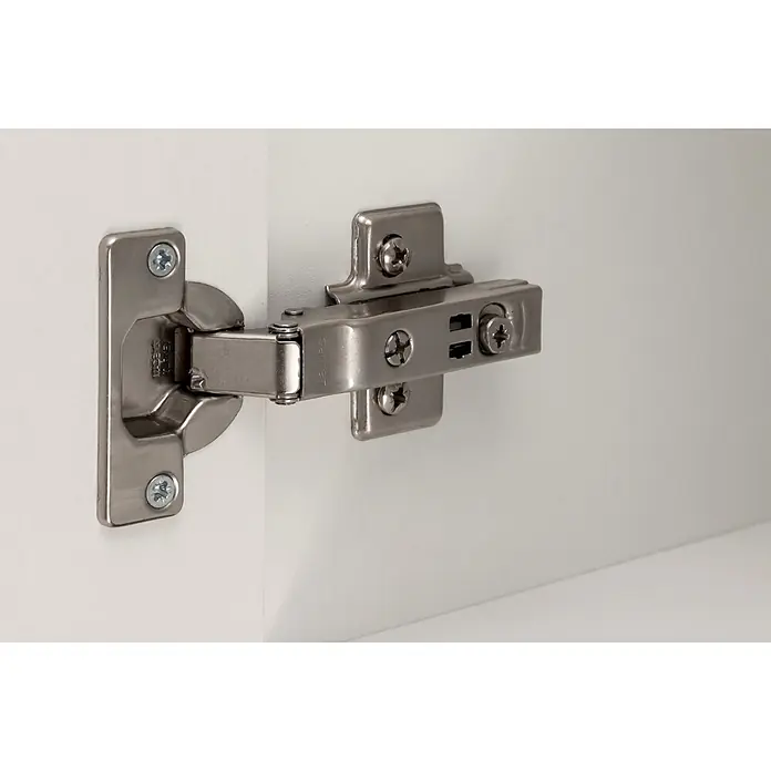 Held Möbel Küchenleerblock Bari Typ 1 - Breite: 330 cm, Anthrazit, Ohne Elektrogeräte - Gebürstetes Metallscharnier sicher auf weißen Platten verschraubt, verbindet eine Schranktür mit ihrem Rahmen.