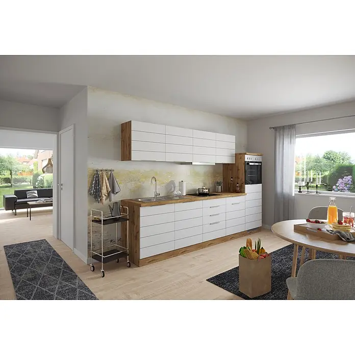 Held Möbel Küchenleerblock Genua Typ 2 - Breite: 300 cm, Weiß, Ohne Elektrogeräte - Moderne Küche mit weißen Schränken, Holzplatten und integriertem Essbereich, die einen hellen und funktionalen Wohnraum schaffen.