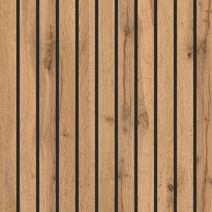 Held Möbel Küchenleerblock Bologna Typ 2 - 300 x 240 cm, Eiche, Ohne Elektrogeräte - Vertikale hellbraune Holzlamellen mit dunklen Zwischenräumen und natürlicher Holzmaserung.