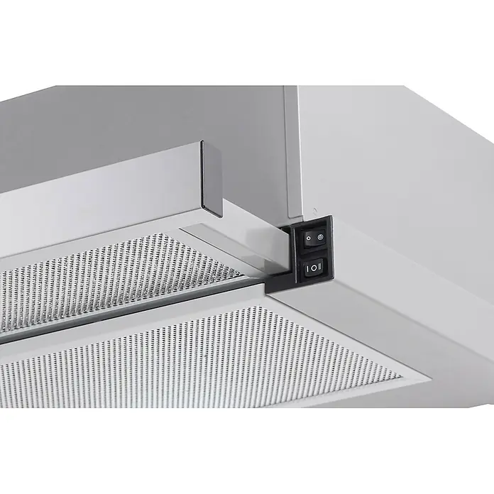 Held Möbel Küchenzeile Genua Typ 3 - Breite: 300 cm, Weiß, Mit Elektrogeräten - Dunstabzugshaube aus silbernem Metall mit Gitterfiltern und schwarzen Licht- und Lüfterschaltern.