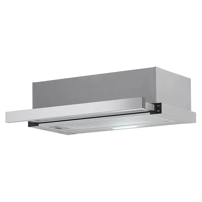 Held Möbel Küchenzeile Genua Typ 3 - Breite: 300 cm, Weiß, Mit Elektrogeräten - Silberne ausziehbare Dunstabzugshaube mit Metallfiltern und integriertem Licht.