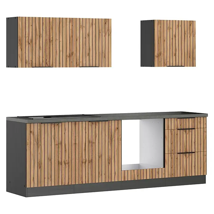Held Möbel Küchenleerblock Bologna Typ 2 - Breite: 240 cm, Eiche, Ohne Elektrogeräte - Moderne Küchenschränke mit hellen Holzlamellenfronten und dunkelgrauen Elementen, darunter Ober- und Unterschränke mit Gerätefach.