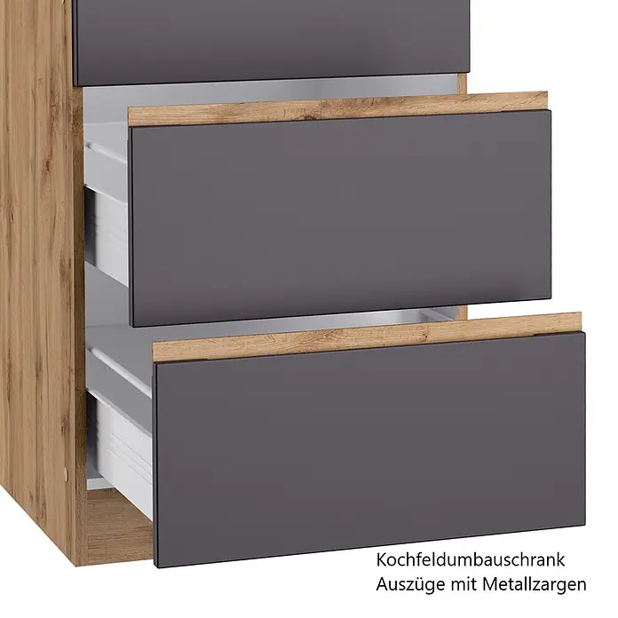 Held Möbel Küchenleerblock Catania Typ 3 - Breite: 300 cm, Graphite, Ohne Elektrogeräte - Kochfeldumbauschrank mit Holz-Optik-Seiten, dunkelgrauen Schubladenfronten und Holzakzenten. Die Auszüge mit Metallzargen sind geöffnet.