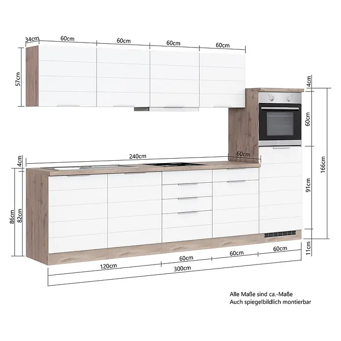 Held Möbel Küchenleerblock Genua Typ 2 - Breite: 300 cm, Grau, Ohne Elektrogeräte - Moderne Küche in Weiß und Holzoptik mit Unter- und Oberschränken, integriertem Backofen, Kochfeld und Spüle, mit Maßen.