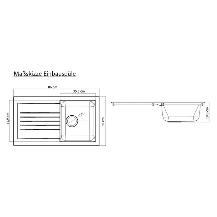 Held Möbel Küchenleerblock Bologna Typ 2 - 300 x 240 cm, Eiche, Ohne Elektrogeräte - Maßskizze einer Spüle: 86x50 cm mit Abtropffläche, Beckentiefe 18,8 cm, Abfluss Ø 9 cm.