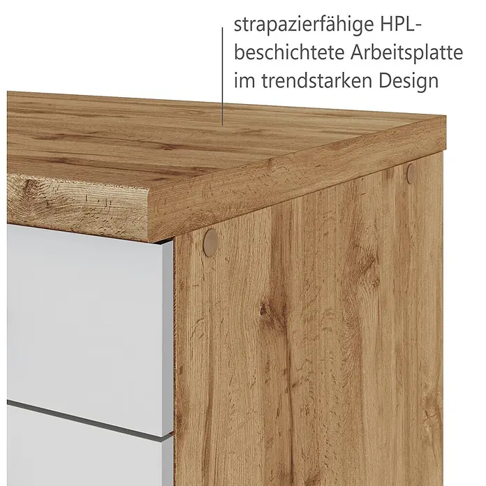 Held Möbel Küchenleerblock Genua Typ 2 - Breite: 300 cm, Weiß, Ohne Elektrogeräte - Strapazierfähige HPL-Arbeitsplatte in Holzoptik mit weißen Schubladen.