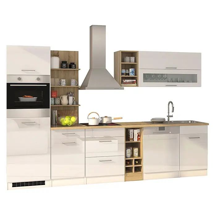 Held Möbel Küchenleerblock Bari Typ 2 - Breite: 310 cm, Weiß, Ohne Elektrogeräte - Moderne Küche mit weißen Hochglanzschränken und hellen Holzakzenten.