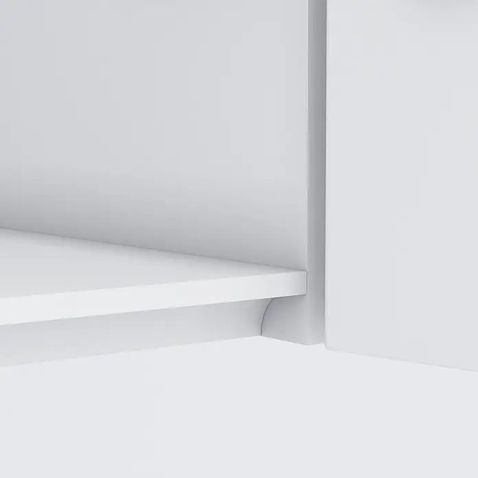 Held Möbel Küchenleerblock Catania Typ 2 - Breite: 300 cm, Eiche, Ohne Elektrogeräte - Weißes Regal in einem Schrank mit einer subtilen gekrümmten Ecke.