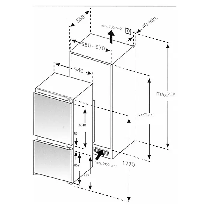 Held Möbel Küchenleerblock Bari Typ 3 - Breite: 380 cm, Anthrazit, Ohne Elektrogeräte - Installationsplan für eine Einbau-Kühl-Gefrierkombination, mit Maßen und Belüftungsanforderungen für den Einbau.