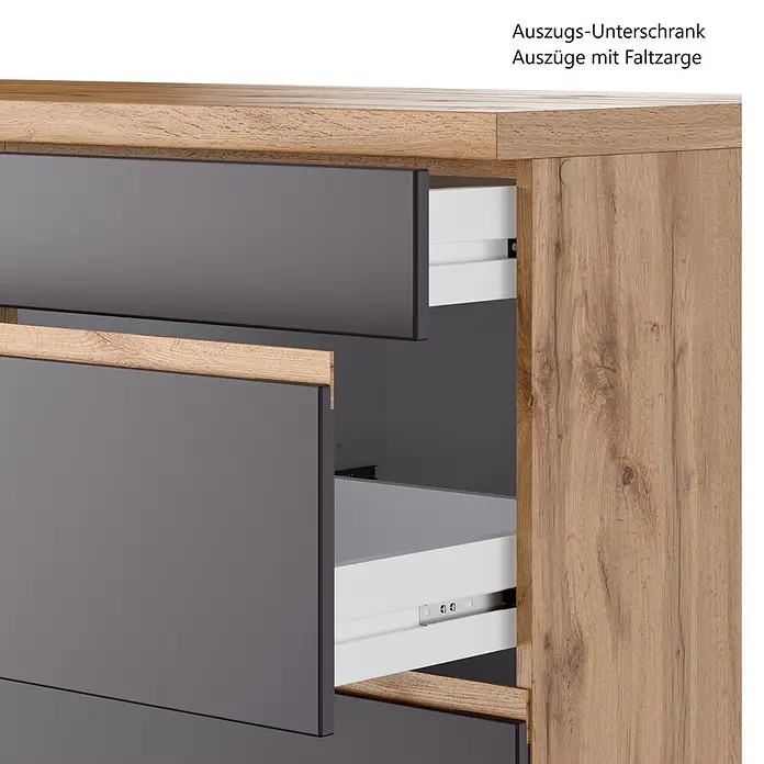 Held Möbel Küchenleerblock Catania Typ 3 - Breite: 300 cm, Graphite, Ohne Elektrogeräte - Unterbau-Schrank in Holzoptik mit dunkelgrauen Fronten, zwei Schubladen geöffnet zeigen weiße Innenausstattung und Metallführungen.