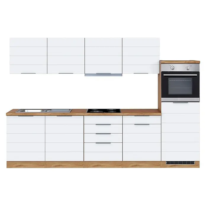Held Möbel Küchenzeile Genua Typ 3 - Breite: 300 cm, Weiß, Mit Elektrogeräten - Weiße moderne Küche mit Holz-Arbeitsplatte, integrierter Spüle, Kochfeld und Backofen.