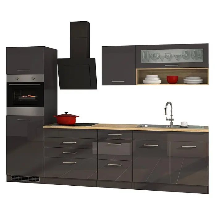 Held Möbel Küchenleerblock Bari Typ 1 - Breite: 290 cm, Anthrazit, Ohne Elektrogeräte - Moderne dunkelgraue Hochglanzküche mit heller Holztheke, Einbaubackofen, Kochfeld, Dunstabzugshaube und Spüle.