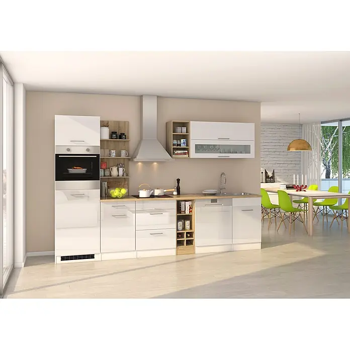 Held Möbel Küchenleerblock Bari Typ 2 - Breite: 310 cm, Weiß, Ohne Elektrogeräte - Moderne Küche in Weiß Hochglanz mit hellen Holz-Elementen, integriertem Backofen, Dunstabzug und Spülbecken.