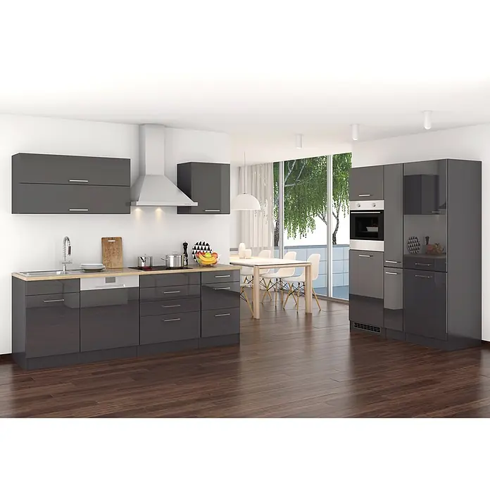 Held Möbel Küchenleerblock Bari Typ 3 - Breite: 390 cm, Anthrazit, Ohne Elektrogeräte - Moderne hochglanz-dunkelgraue Küche mit Holzarbeitsplatten, integrierten Geräten und Essbereich.