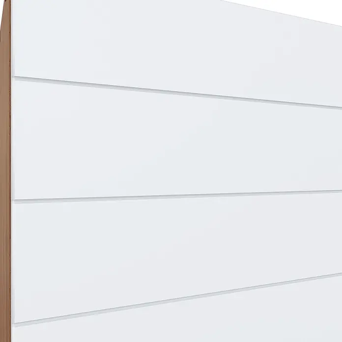 Held Möbel Küchenleerblock Genua Typ 2 - Breite: 300 cm, Weiß, Ohne Elektrogeräte - Weiße, horizontale Wandpaneele mit überlappendem Profil und sichtbarer Schichtkonstruktion.