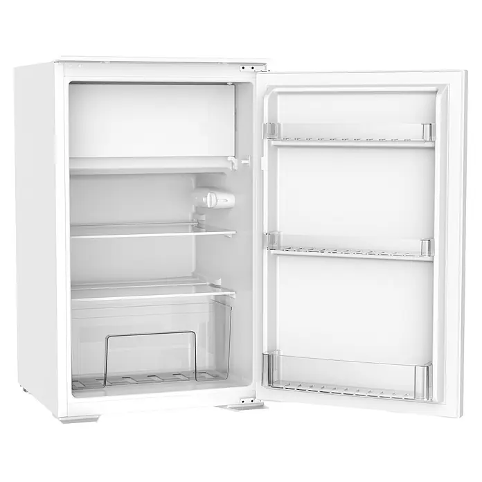 Held Möbel Küchenzeile Genua Typ 3 - Breite: 300 cm, Weiß, Mit Elektrogeräten - Weißer Minikühlschrank mit offener Tür, zeigt Innenfächer, ein Gefrierfach oben und transparente Türablagen.