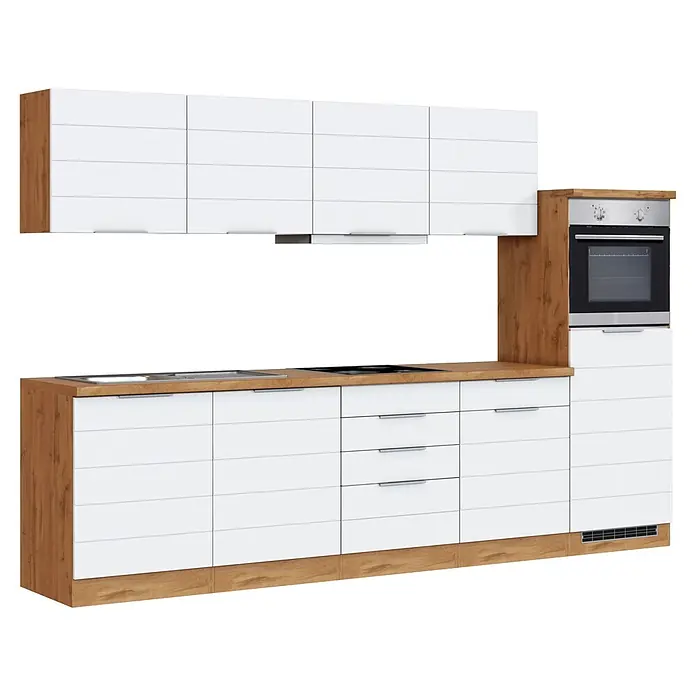 Held Möbel Küchenzeile Genua Typ 3 - Breite: 300 cm, Weiß, Mit Elektrogeräten - Moderne Küchenmöbel mit weißen Schränken, hellen Holz-Arbeitsplatten, integrierter Spüle, Kochfeld und Backofen.