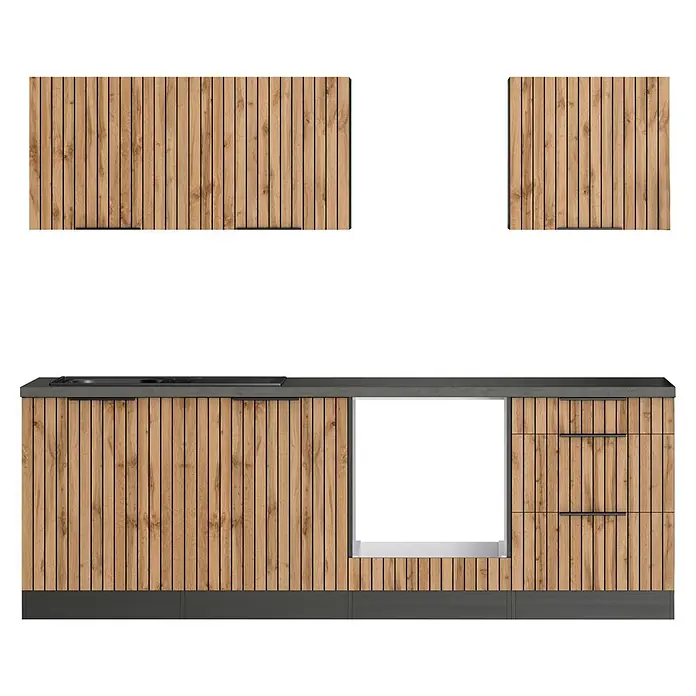 Held Möbel Küchenleerblock Bologna Typ 2 - Breite: 240 cm, Eiche, Ohne Elektrogeräte - Moderne Küchenschränke mit hellen Holzlamellenfronten, dunkelgrauen Elementen und Gerätefach.