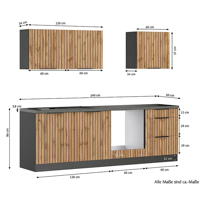 Held Möbel Küchenleerblock Bologna Typ 2 - Breite: 240 cm, Eiche, Ohne Elektrogeräte - Moderne Küchenschränke mit hellen Holzlamellenfronten und dunkelgrauen Elementen, bestehend aus Hänge- und Unterschränken mit Arbeitsplatte und Geräteschacht.