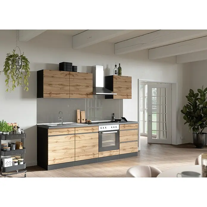 Held Möbel Küchenleerblock Catania Typ 1 - Breite: 240 cm, Eiche, Ohne Elektrogeräte - Moderne Küche mit hellen Holzmaserungsschränken, dunkelgrauen Arbeitsplatten und integrierten Geräten, inklusive Spüle und Backofen.