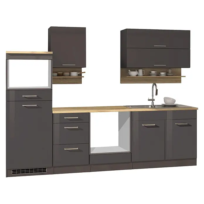 Held Möbel Küchenleerblock Bari Typ 4 - Breite: 270 cm, Anthrazit, Ohne Elektrogeräte - Moderne dunkelgraue Küche mit hellen Holz-Arbeitsplatten, Regalen, Spüle und Platz für Geräte. Mit Schränken und Schubladen.