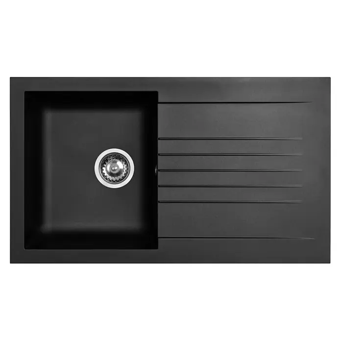Held Möbel Küchenleerblock Bologna Typ 2 - 300 x 240 cm, Eiche, Ohne Elektrogeräte - Schwarze Küchenspüle mit einem Einzelbecken, integriertem Abtropffläche und Metallablauf.