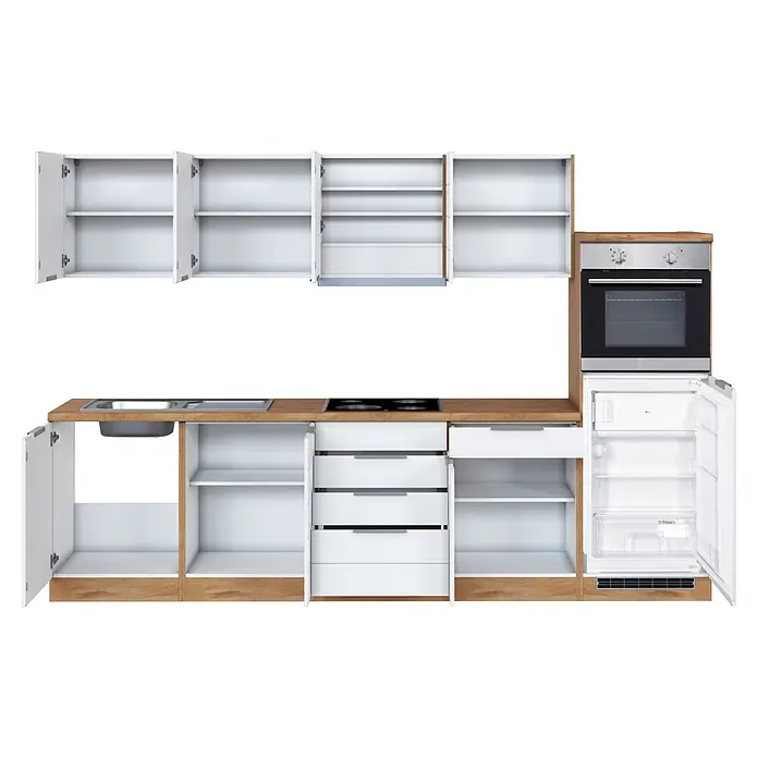 Held Möbel Küchenzeile Genua Typ 3 - Breite: 300 cm, Weiß, Mit Elektrogeräten - Weiße Modulküche mit heller Holz-Arbeitsplatte, Spüle, Kochfeld, Backofen und offenem Kühlschrank. Zeigt leere Schränke und Schubladen.