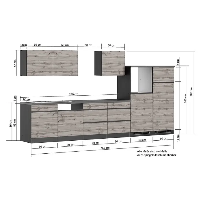 Held Möbel Küchenleerblock Catania Typ 3 - Breite: 360 cm, Eiche, Ohne Elektrogeräte - Modulare Küchenzeile mit hellen Holzmaserungsfronten und dunkelgrauen Elementen, mit Unter- und Oberschränken, Arbeitsplatte und Gerätefächern.
