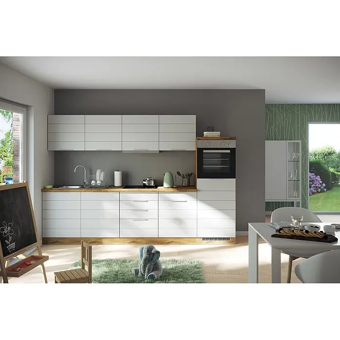 Held Möbel Küchenleerblock Genua Typ 2 - Breite: 300 cm, Weiß, Ohne Elektrogeräte - Moderne Küche mit weißen Schränken, Holz-Arbeitsplatten und integrierten Geräten, in heller Wohnumgebung.