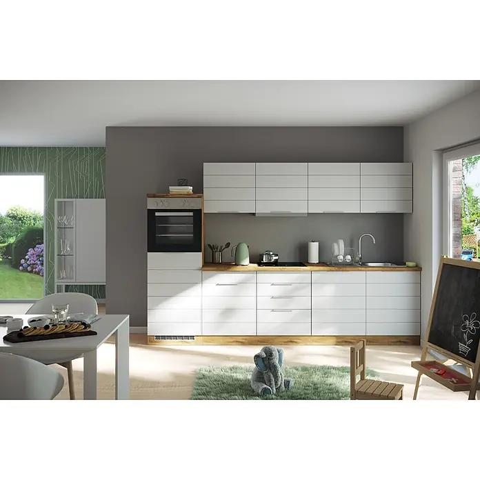 Held Möbel Küchenleerblock Genua Typ 2 - Breite: 300 cm, Weiß, Ohne Elektrogeräte - Moderne Küche mit weißen Schränken, integriertem Backofen und Holzarbeitsplatten, in heller Wohnumgebung.
