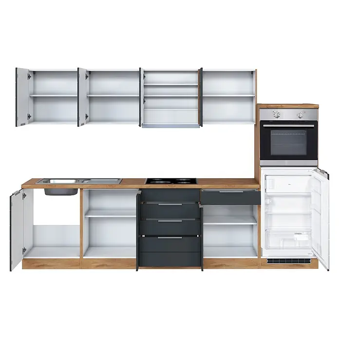 Held Möbel Küchenzeile Genua Typ 3 - Breite: 300 cm, Grau, Mit Elektrogeräten - Modulare Küche mit Holzoptik-Basis, weißen und dunkelgrauen Schränken, Spüle, Herd, Backofen und Kühlschrank.