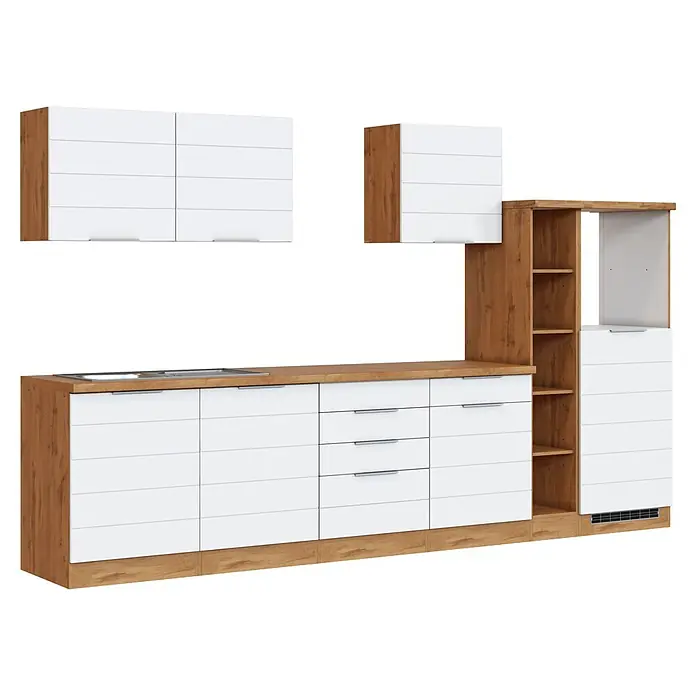 Held Möbel Küchenleerblock Genua Typ 2 - Breite: 330 cm, Weiß, Ohne Elektrogeräte - Moderne Küchenzeile mit weißen Fronten, Holzdekorpaneelen und integrierter Spüle. Mit Schubladen, geschlossenen Schränken und offenen Regalen.