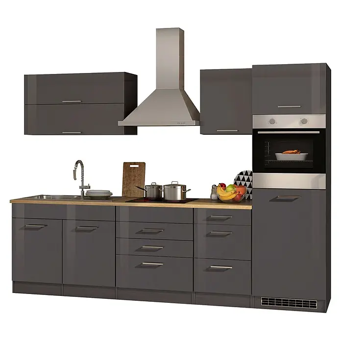 Held Möbel Küchenzeile Bari Typ 2 - Breite: 290 cm, Grau, Mit Elektrogeräten - Moderne dunkelgraue Küchenzeile mit hochglänzenden Schränken, Holzplatte, Edelstahlelementen, Spüle und integriertem Backofen.