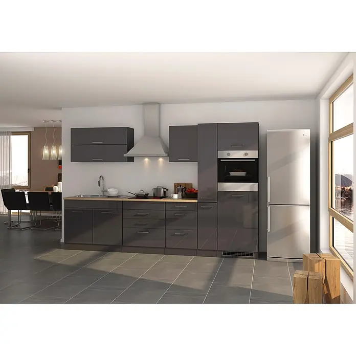 Held Möbel Küchenleerblock Bari Typ 3 - Breite: 320 cm, Anthrazit, Ohne Elektrogeräte - Moderne Küche mit dunkelgrauen Hochglanzschränken, heller Holztheke und integrierten Edelstahlgeräten.
