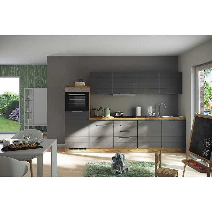 Held Möbel Küchenleerblock Genua Typ 2 - Breite: 300 cm, Grau, Ohne Elektrogeräte - Moderne dunkelgraue Küchenschränke mit Holzoptik-Arbeitsplatten und integrierten Geräten, in einem offenen Wohnbereich.