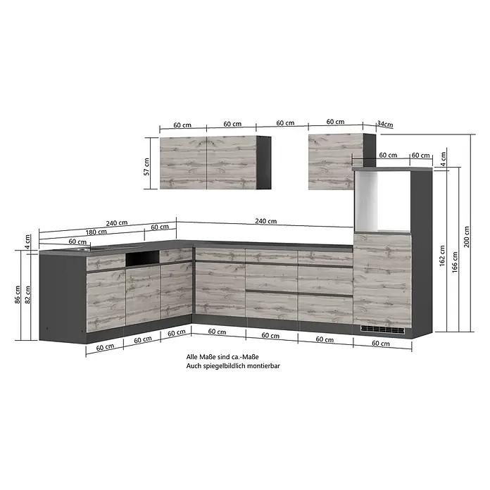 Held Möbel Küchenleerblock Catania Typ 1 - 300 x 240 cm, Graphite, Ohne Elektrogeräte - L-förmige Küchenzeile mit Holzoptikfronten und dunkelgrauen Elementen, inklusive Unter-, Wand- und Hochschränken mit Spülbereich, bemaßt.