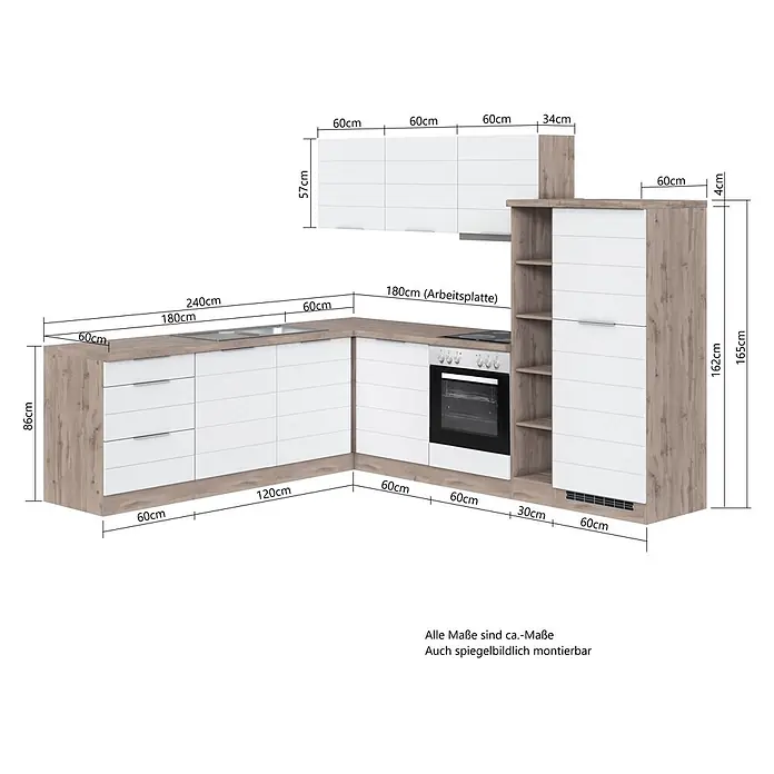 Held Möbel Küchenleerblock Genua Typ 1 - 270 x 240 cm, Weiß, Ohne Elektrogeräte - Eckküche in heller Holzoptik und Weiß, mit Spüle, Kochfeld, Backofen und Hochschrank.