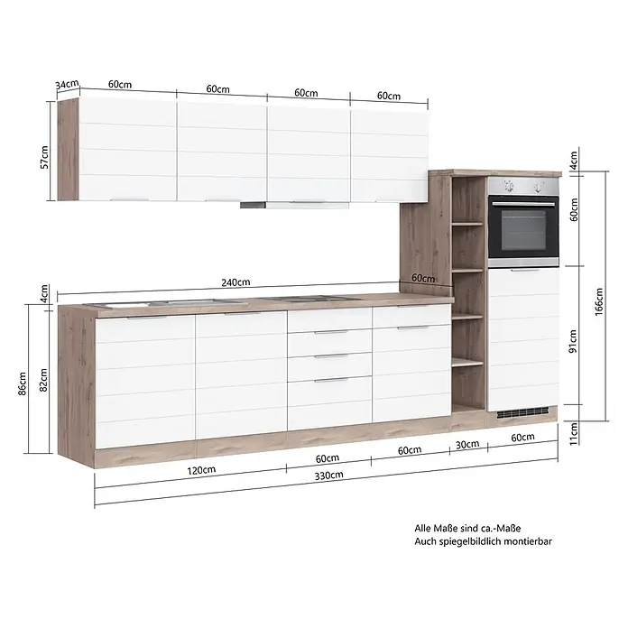 Held Möbel Küchenleerblock Genua Typ 2 - Breite: 330 cm, Grau, Ohne Elektrogeräte - Weiße und holzfarbene Küchenzeile mit Ober- und Unterschränken, Backofen und Regalen, detaillierte Maße angegeben.