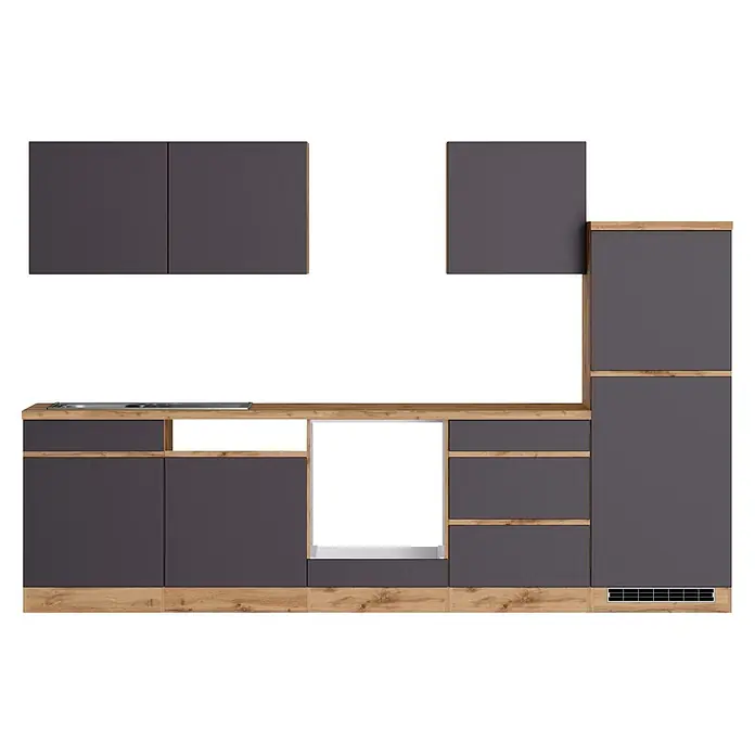 Held Möbel Küchenleerblock Catania Typ 2 - Breite: 300 cm, Graphite, Ohne Elektrogeräte - Moderne modulare Küche mit grauen Fronten, hellen Holz-Effekt-Arbeitsplatten und Akzenten, inklusive Ober-, Unter- und Hochschränken.