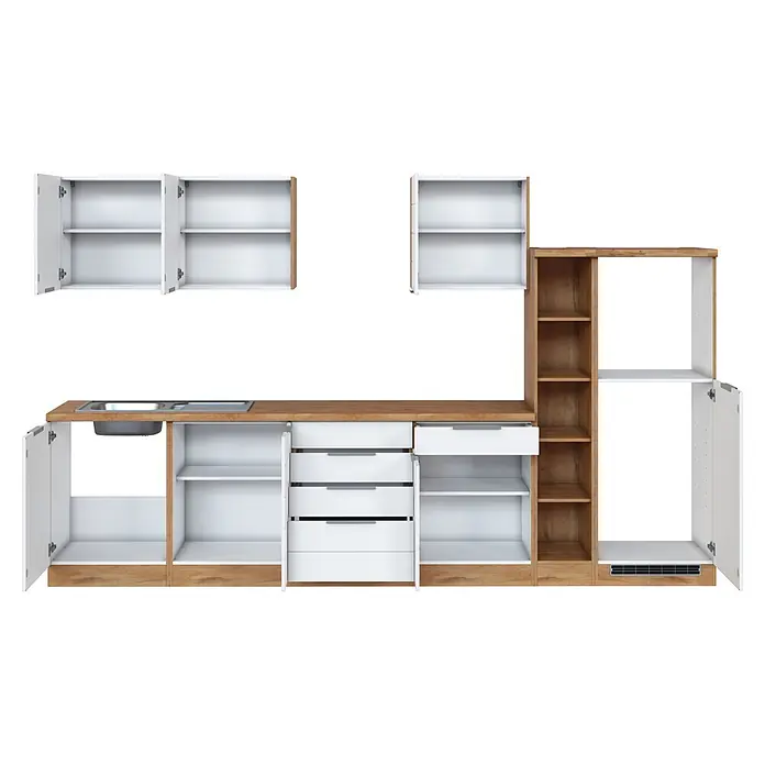 Held Möbel Küchenleerblock Genua Typ 2 - Breite: 330 cm, Weiß, Ohne Elektrogeräte - Modulares Küchenschrank-Set mit weißen Türen/Schubladen und hellem Holzdekor, inklusive offener Fächer und Spülbecken.