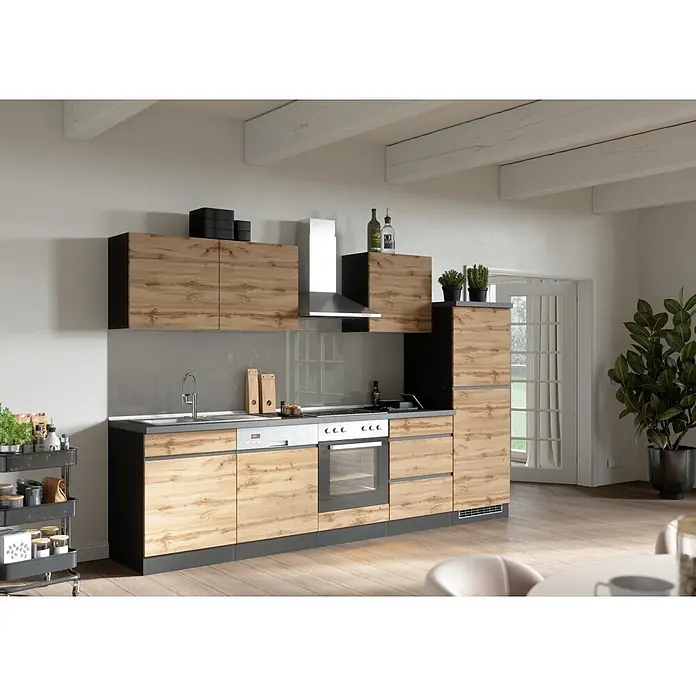 Held Möbel Küchenleerblock Catania Typ 2 - Breite: 300 cm, Eiche, Ohne Elektrogeräte - Moderne Küche mit Holzoptik-Fronten, schwarzen Schränken und integrierten Geräten. Mit Spüle, Kochfeld, Ofen und Dunstabzugshaube.