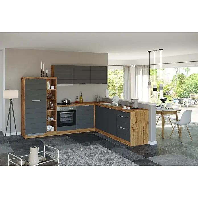 Held Möbel Küchenleerblock Genua Typ 1 - 270 x 240 cm, Grau, Ohne Elektrogeräte - L-förmige Küche mit dunkelgrauen Fronten und hellen Holzelementen, mit Backofen, Kochfeld und Spüle, in offenem Wohn- und Essbereich.