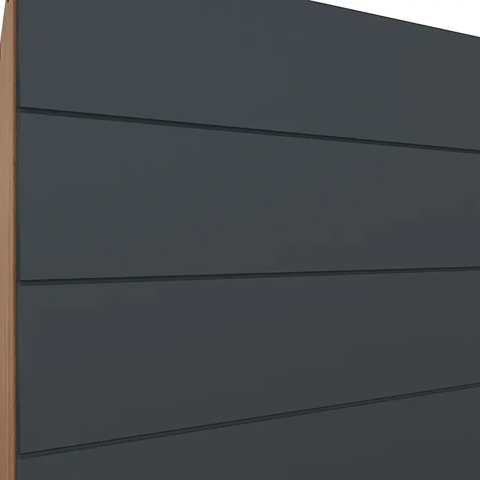 Held Möbel Küchenleerblock Genua Typ 2 - Breite: 300 cm, Grau, Ohne Elektrogeräte - Dunkelgraue Platte mit horizontalen Rillen und heller Holzkante.