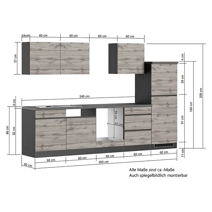 Held Möbel Küchenleerblock Catania Typ 2 - Breite: 300 cm, Eiche, Ohne Elektrogeräte - Modulare Küchenzeile in heller Holzoptik und Dunkelgrau, mit Unter-/Oberschränken, Spülbereich. Maße für 300cm Breite und 200cm Höhe sind angegeben.