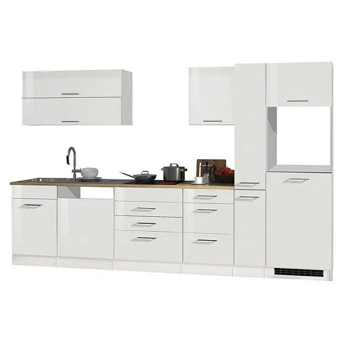 Held Möbel Küchenleerblock Bari Typ 3 - Breite: 330 cm, Weiß, Ohne Elektrogeräte - Moderne, modulare weiße Küchenzeile mit Holzplatte, Spüle und Herd, bietet viel Stauraum.