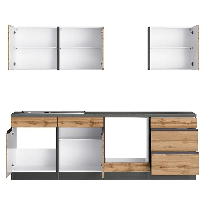 Held Möbel Küchenleerblock Catania Typ 1 - Breite: 240 cm, Eiche, Ohne Elektrogeräte - Moderne Küchenmöbel: Unterschränke und Hängeschränke in Holzoptik mit dunkelgrauen Arbeitsplatten. Mit offenen Türen, Schubladen und weißen Innenräumen.