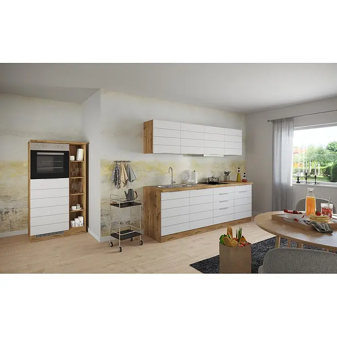 Held Möbel Küchenleerblock Genua Typ 2 - Breite: 330 cm, Weiß, Ohne Elektrogeräte - Moderne Küche mit weißen und holzfarbenen Schränken, integriertem Ofen und Essbereich. Geradliniges, funktionales Design.