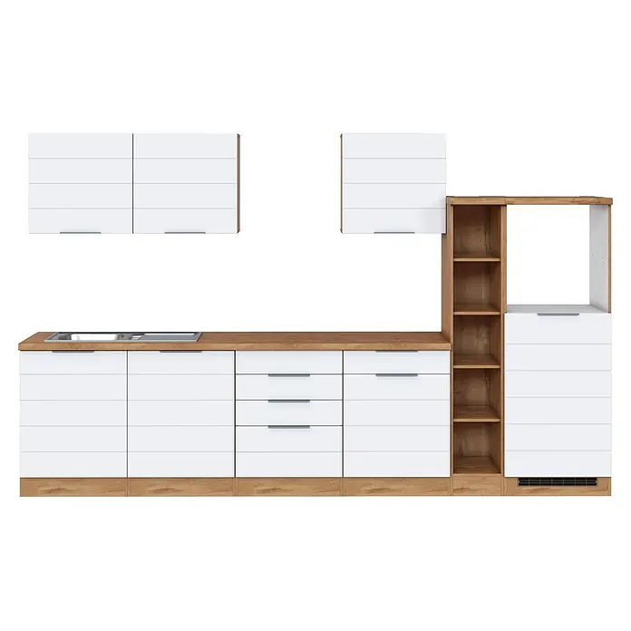 Held Möbel Küchenleerblock Genua Typ 2 - Breite: 330 cm, Weiß, Ohne Elektrogeräte - Moderne Küchenzeile mit weißen Türen, Schubladen und Holz-Arbeitsplatte, inklusive Spüle und offenen Regalen.
