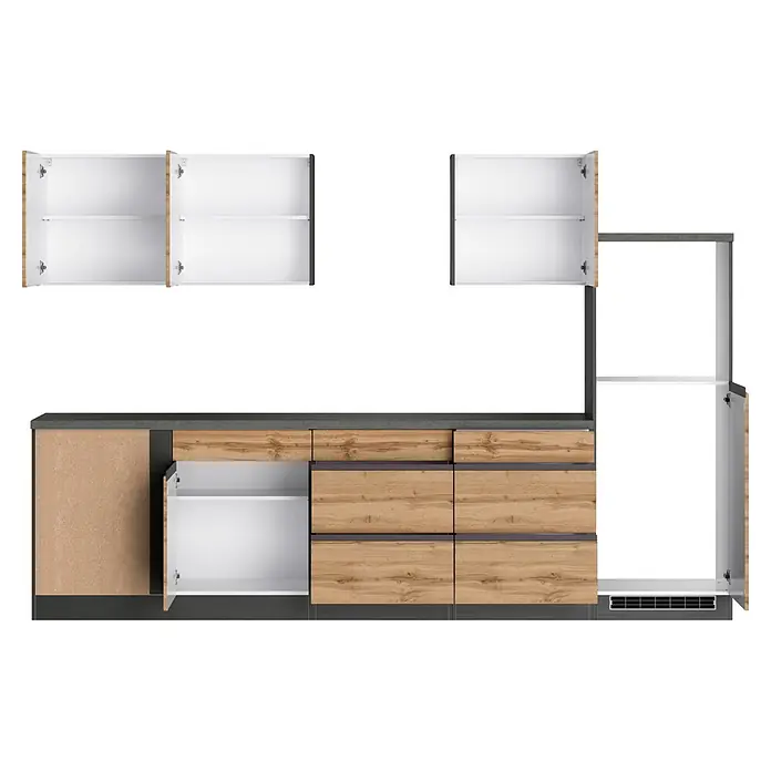 Held Möbel Küchenleerblock Catania Typ 1 - 300 x 240 cm, Eiche, Ohne Elektrogeräte - Moderne Küchenschränke und Schubladen in heller Holzoptik und Dunkelgrau, mit grauer Arbeitsplatte. Türen und Schubladen sind geöffnet.
