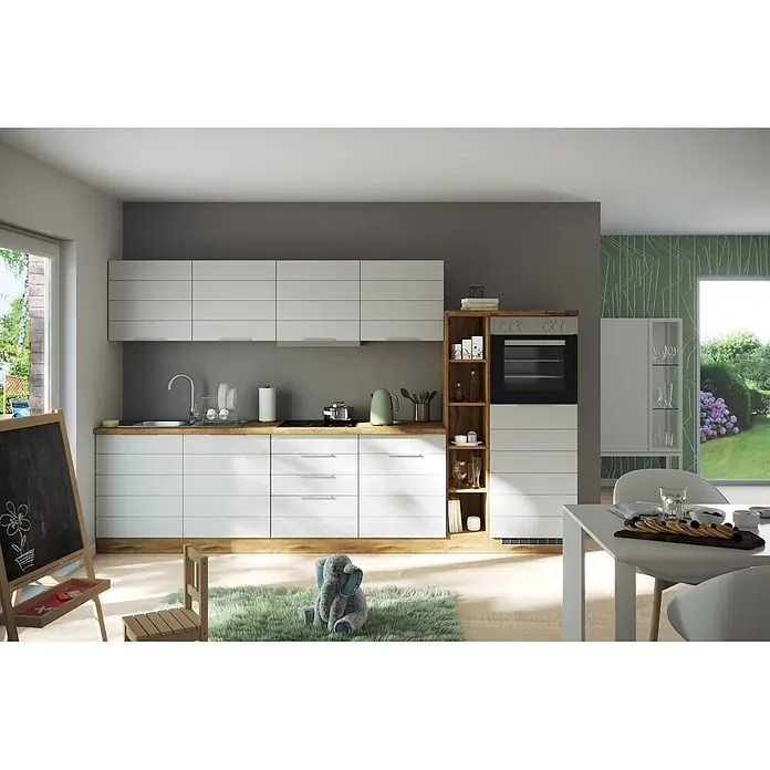 Held Möbel Küchenleerblock Genua Typ 2 - Breite: 330 cm, Weiß, Ohne Elektrogeräte - Moderne Küche mit weißen Schränken, Holzplatte, integrierten Geräten und Essbereich.